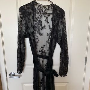 Black Lace Robe with Waist Tie NWOT